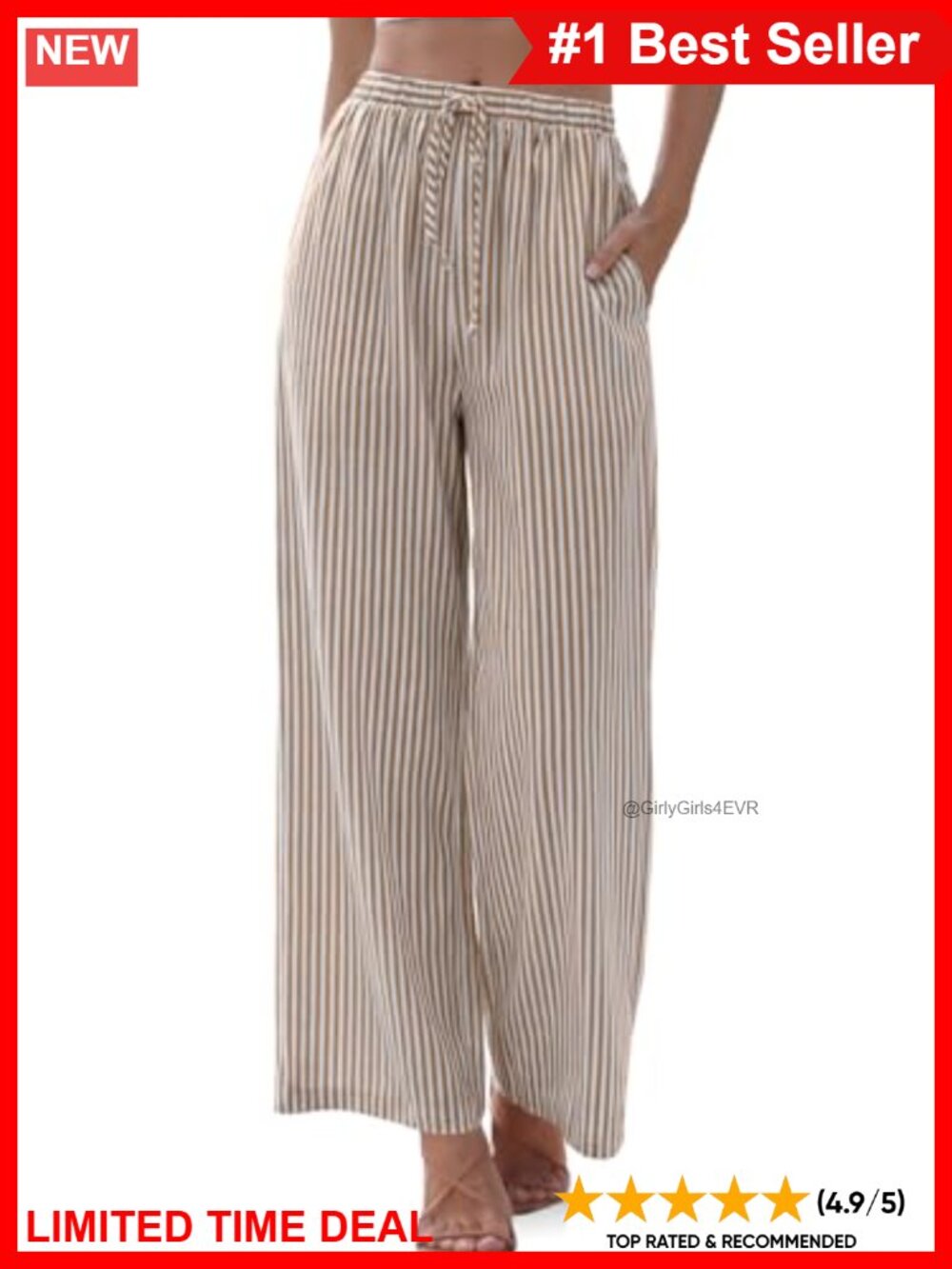 Womens Wide Leg Linen Palazzo Pants Drawstring Striped Trousers